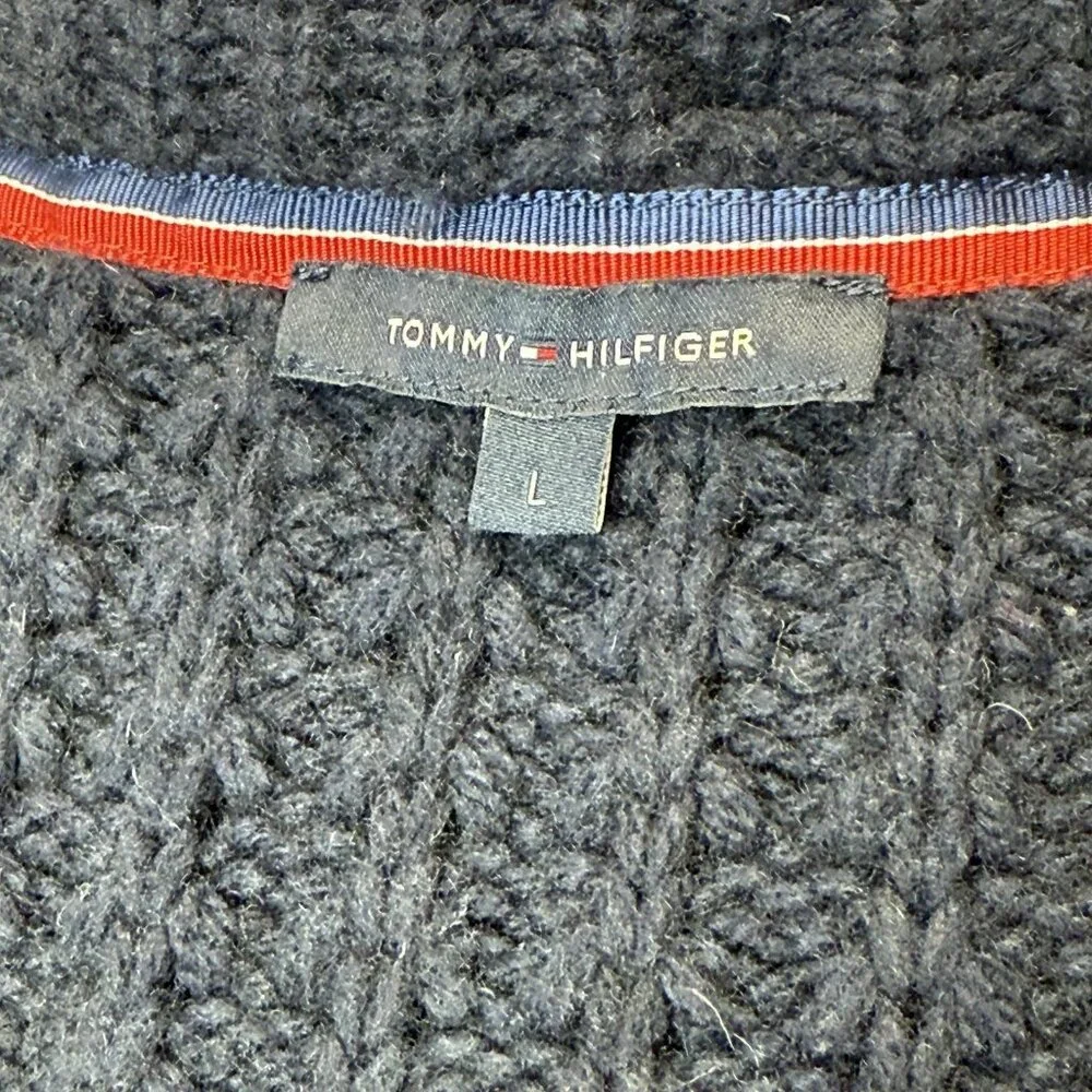 Tommy Hilfiger Waffle Chunky Knit Wool Bld Cardigan Womens L Sweater Collar Hood - Picture 6 of 11